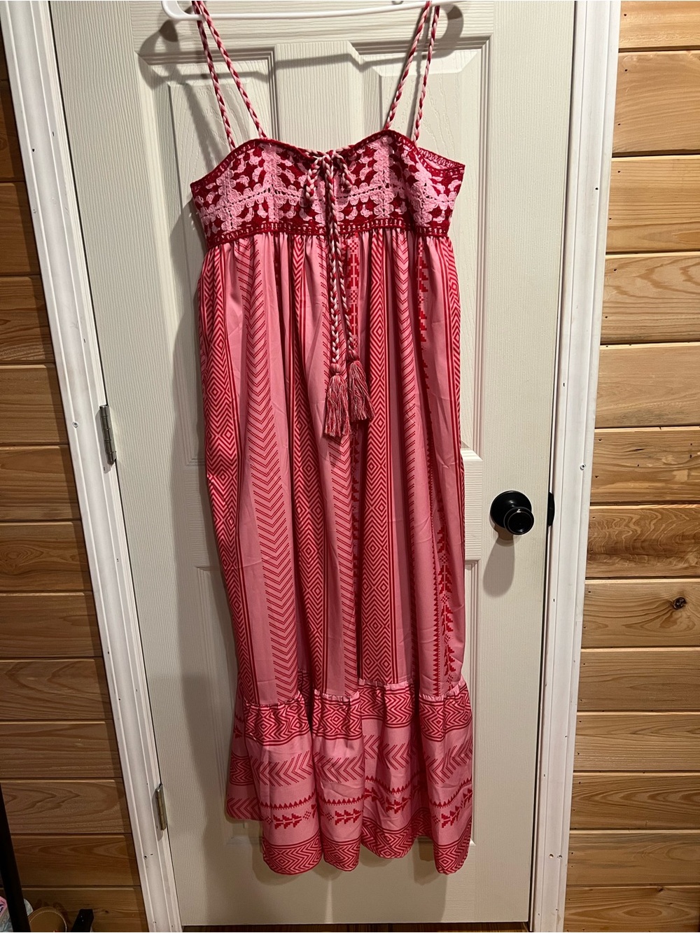 Amazon Pink Embroidered Maxi Dress with Tassel Tie